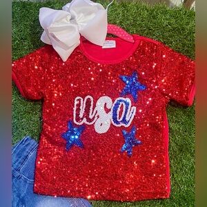 BRAND NEW WITH TAGS Girl’s Red USA Sequin Tee – Patriotic & Fun!